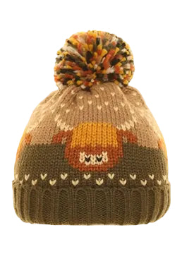 Ladies’ Highland Cow Print Knitted Bobble Hat with Fleece Lining