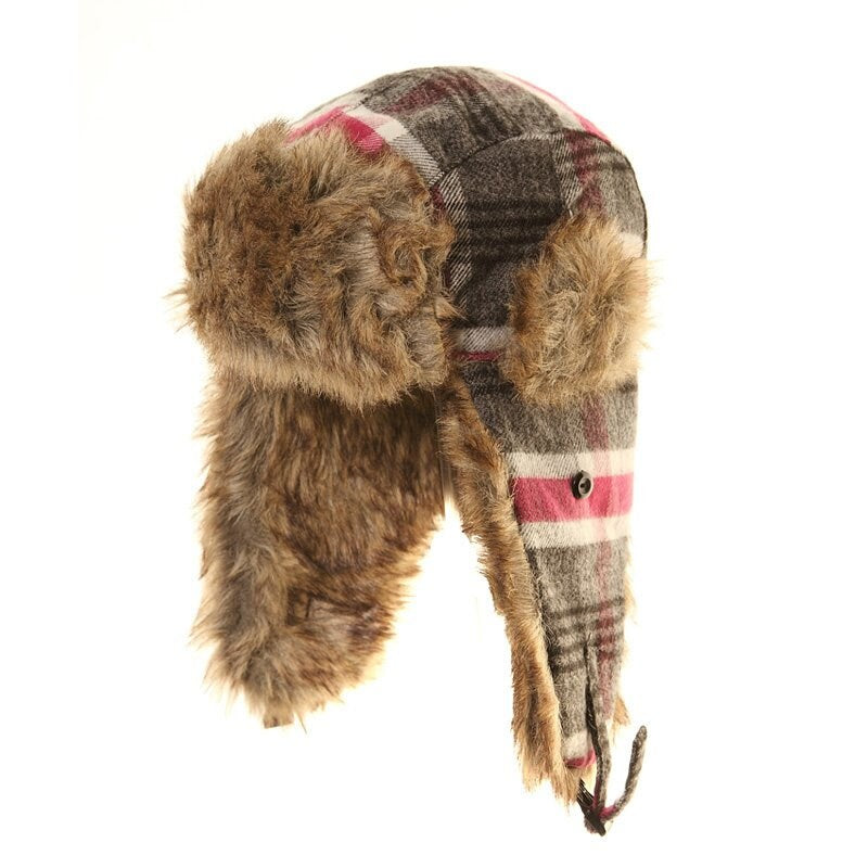 Ladies Checked Trapper Hat with faux fur trim