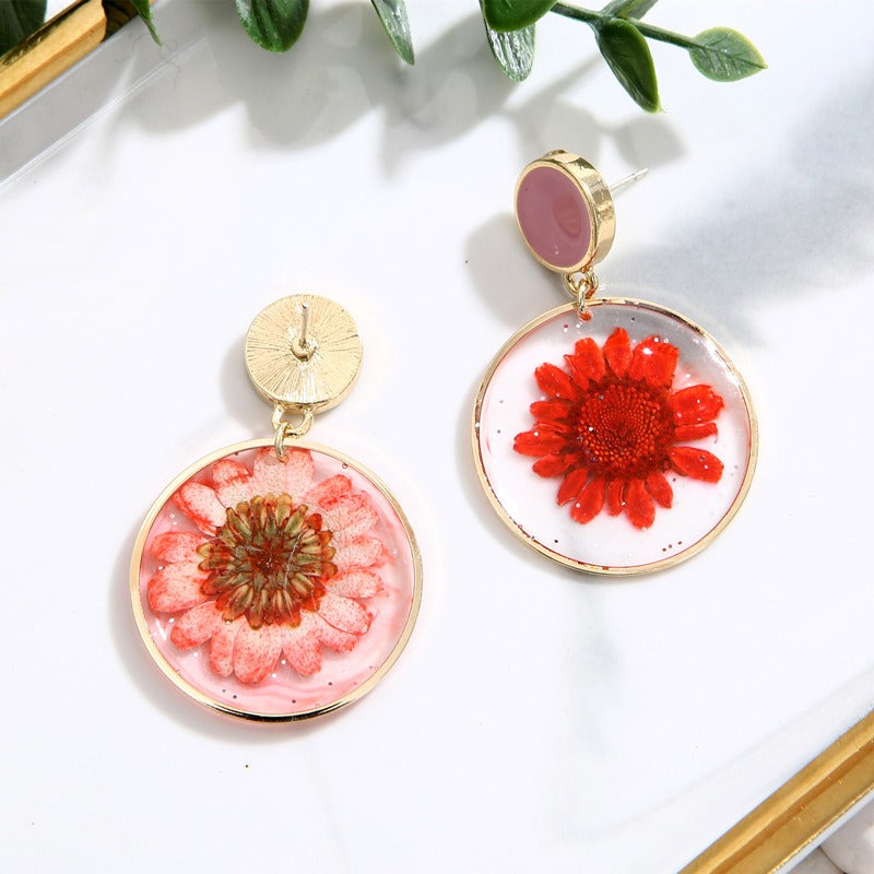 Real Flower Resin Earrings Gold Finish