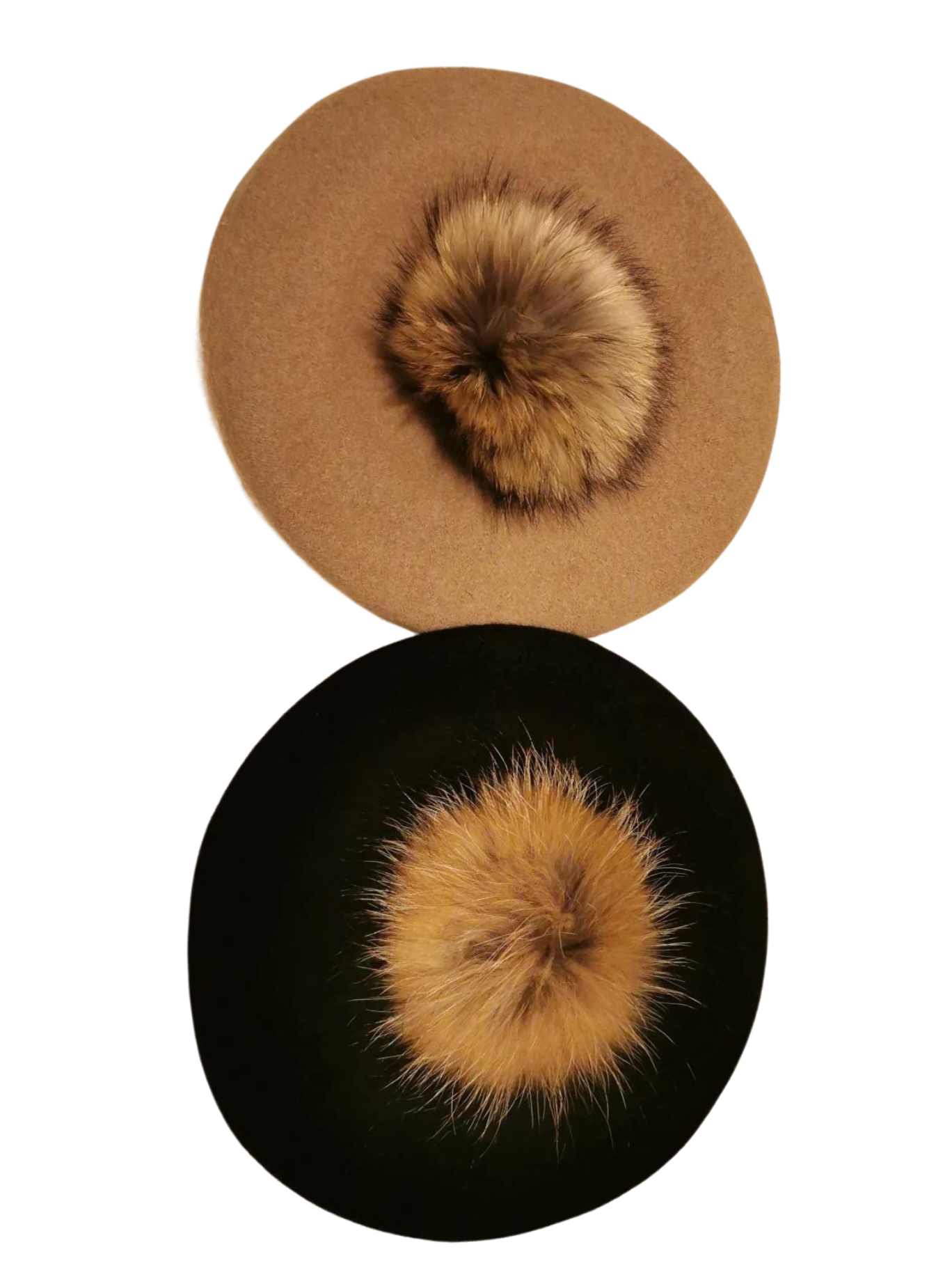 Wool beret Vintage Style with Racoon pom pom real fur