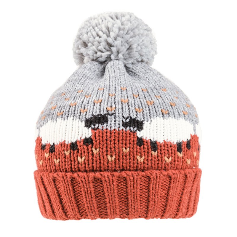 Ladies’ Burnt Sienna Sheep Print Knitted Bobble Hat