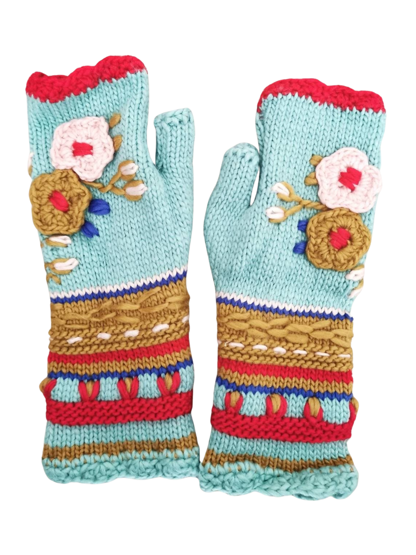 Floral Fingerless Gloves - Knitted Arm Warmers - Winter Hand Warmers - Floral Mittens - Wool Wrist Warmers - Boho Knit Mitts