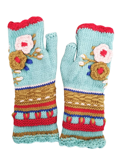 Floral Fingerless Gloves - Knitted Arm Warmers - Winter Hand Warmers - Floral Mittens - Wool Wrist Warmers - Boho Knit Mitts