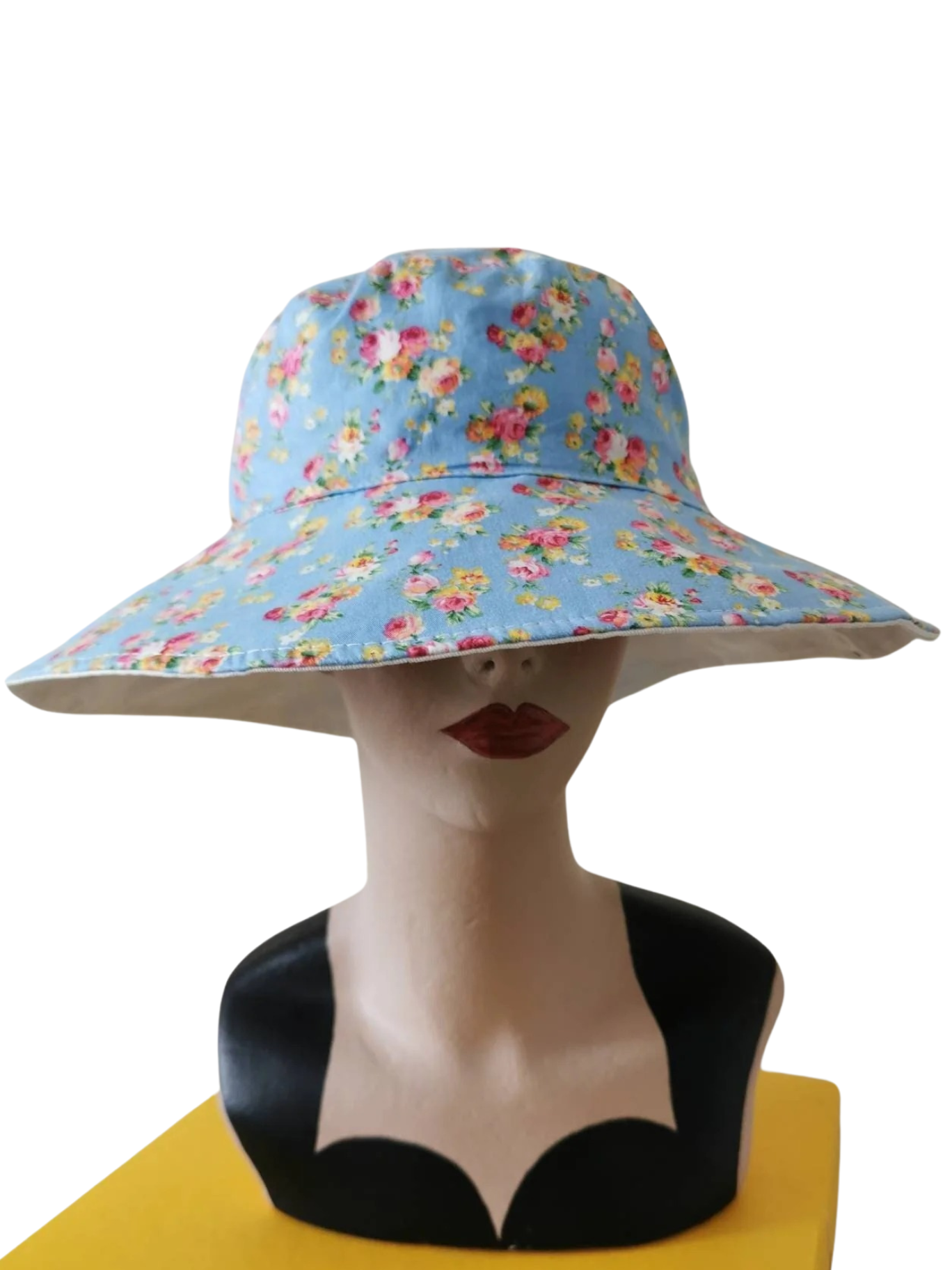 Ladies Summer Hat Wide Brim Flower Floppy Sun Hat Reversible Pink Blue Cotton Handmade