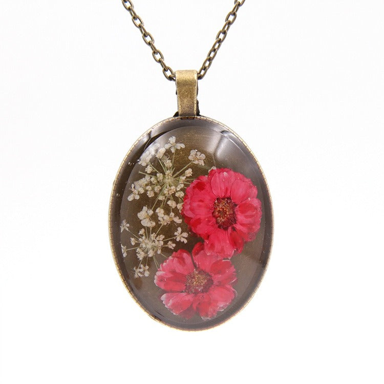 Real Flower Resin Ellipse Pendant Necklace Bronze Tone