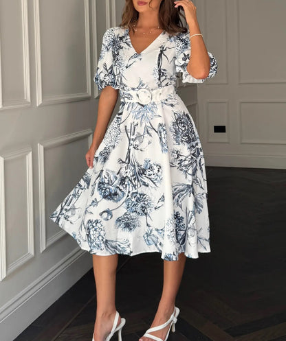 Floral V Neck Puff Sleeve Belted Midi Dress