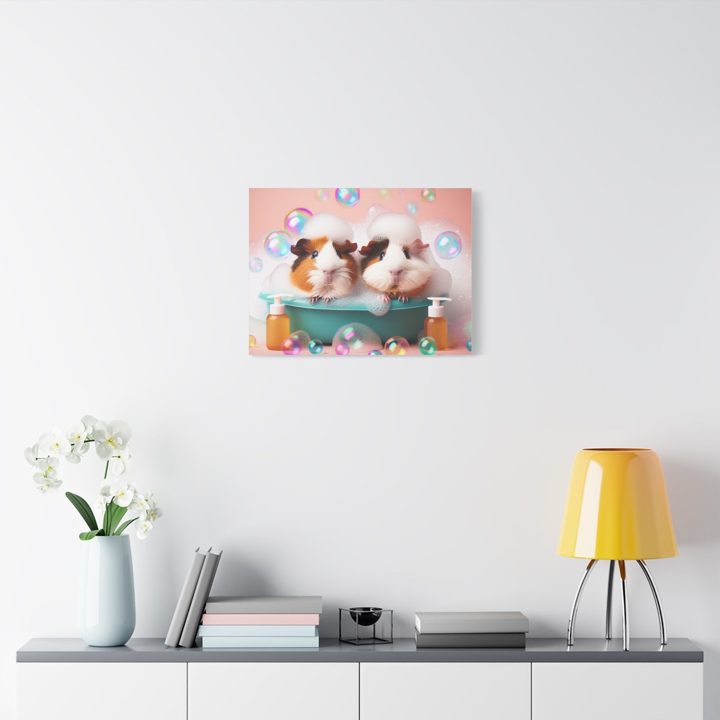 Bathtime Buddies: Adorable Guinea Pigs Shower Scene | Premium Matte Wall Art | Cute Animal Lover Gift Stretched