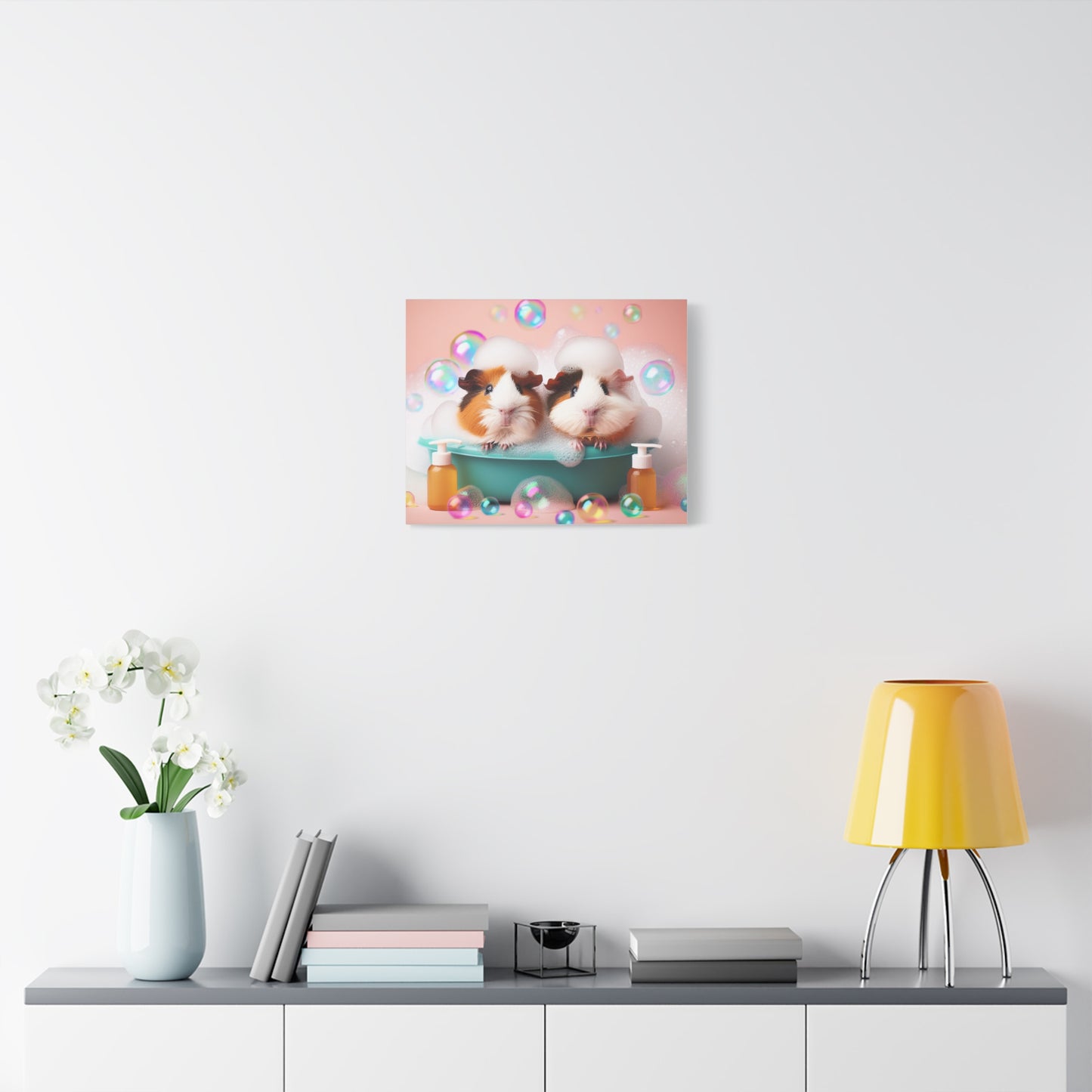 Bathtime Buddies: Adorable Guinea Pigs Shower Scene | Premium Matte Wall Art | Cute Animal Lover Gift Stretched