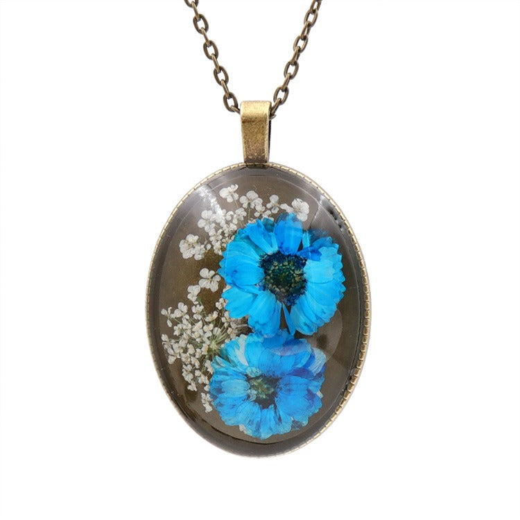 Real Flower Resin Ellipse Pendant Necklace Bronze Tone