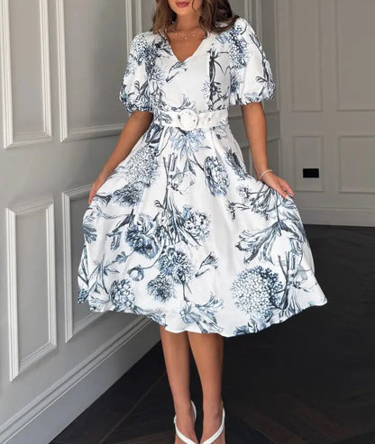 Floral V Neck Puff Sleeve Belted Midi Dress