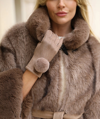 Women’s Taupe Faux Suede & Faux Fur Belted Wrap Coat