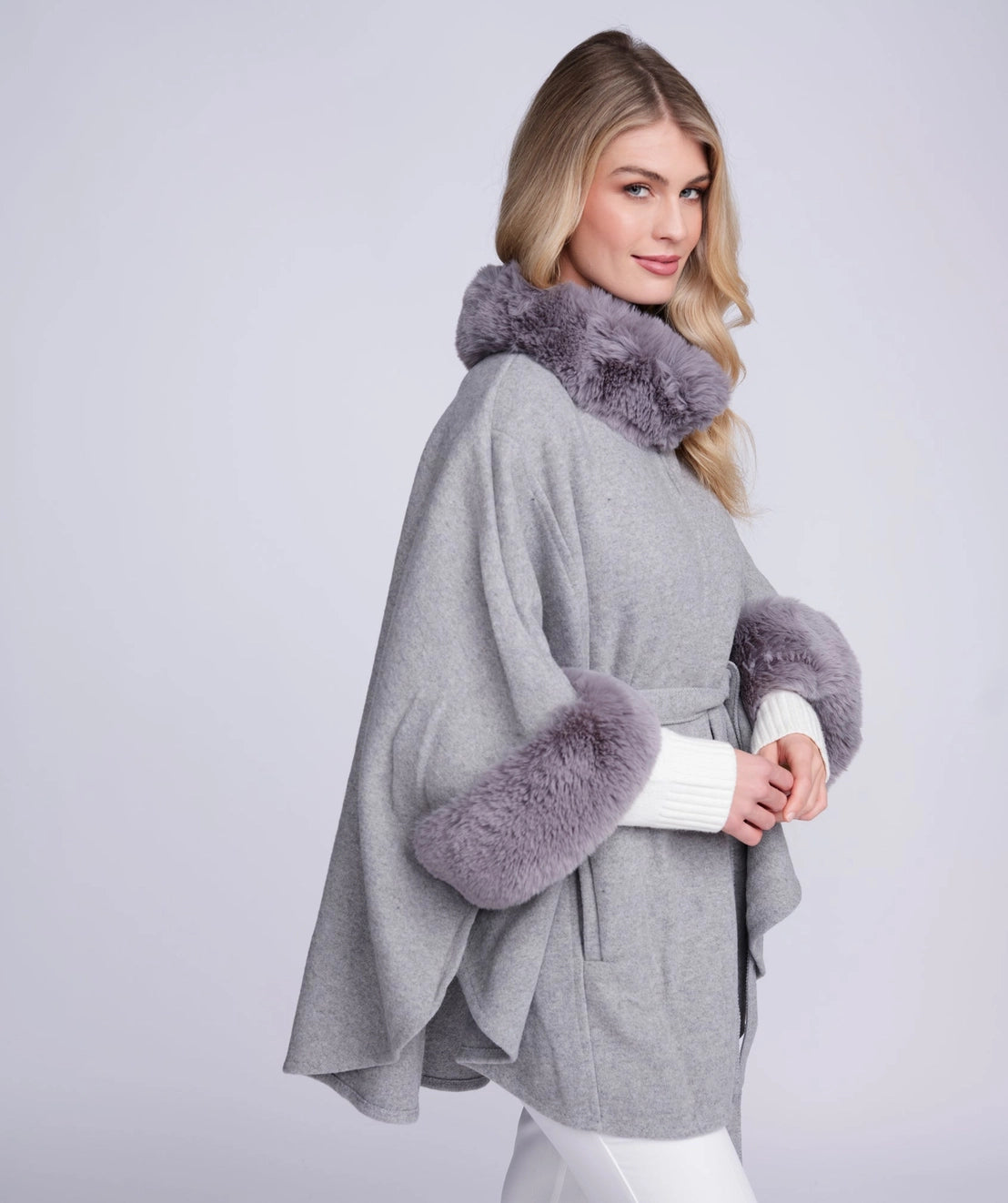 Women’s Silver Grey Faux Fur Trim Belted Cape