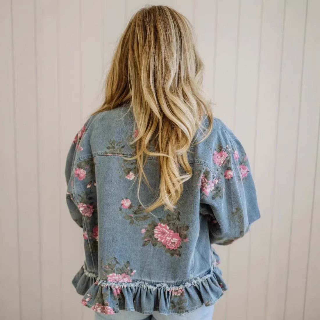 Floral Print Light and Thin Denim Jacket with Ruffle Hem