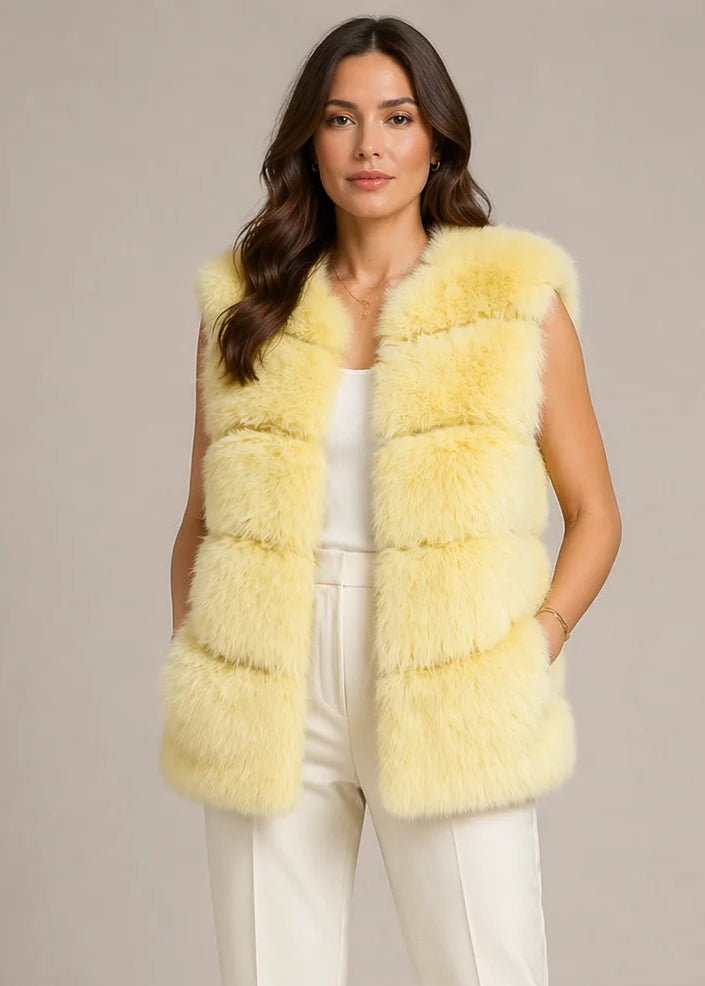 Plain Faux Fur Stripe Gilet Jacket Yellow