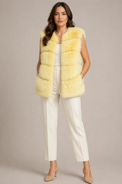 Plain Faux Fur Stripe Gilet Jacket Yellow