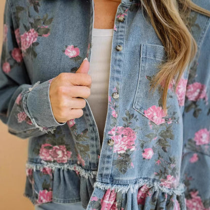 Floral Print Light and Thin Denim Jacket with Ruffle Hem