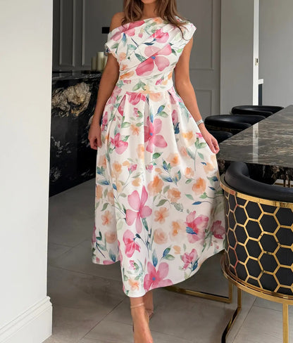 Floral Print Asymmetric Neckline Skater Midi Dress