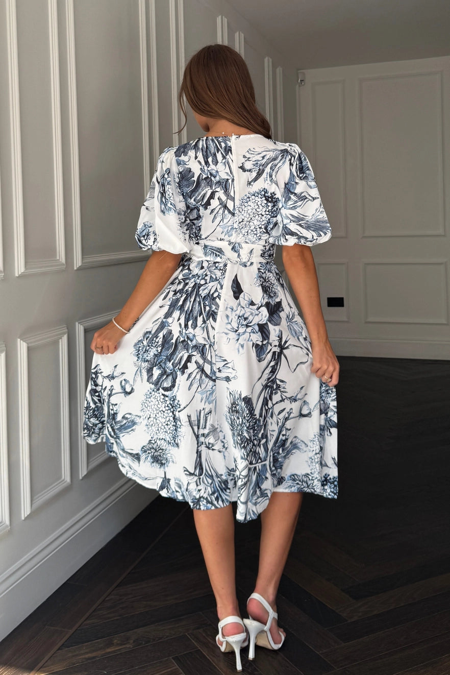 Floral V Neck Puff Sleeve Belted Midi Dress