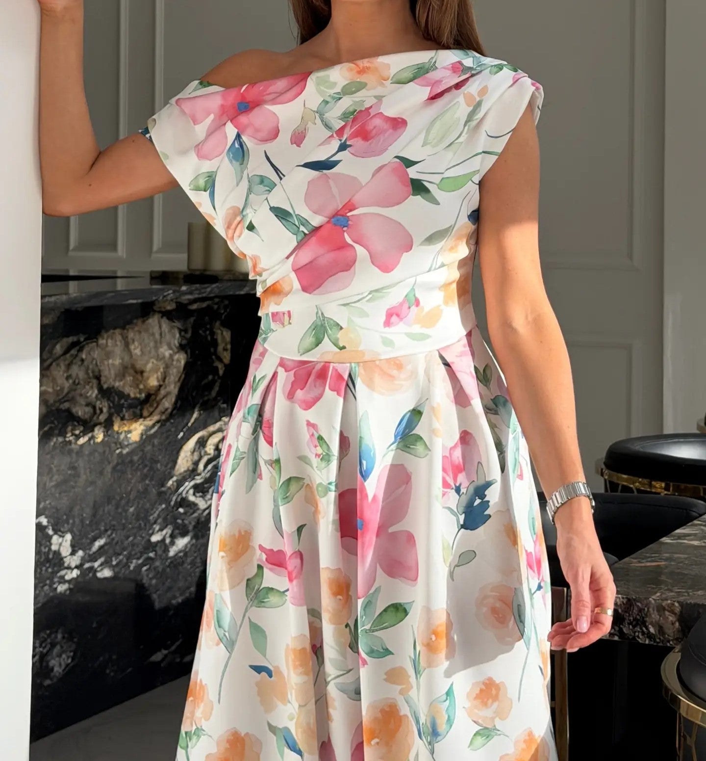 Floral Print Asymmetric Neckline Skater Midi Dress