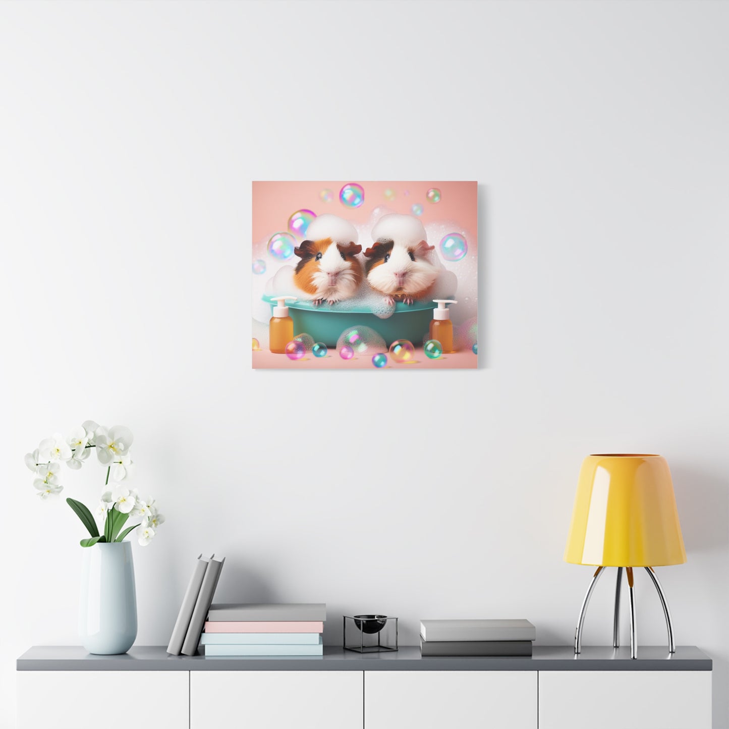 Bathtime Buddies: Adorable Guinea Pigs Shower Scene | Premium Matte Wall Art | Cute Animal Lover Gift Stretched