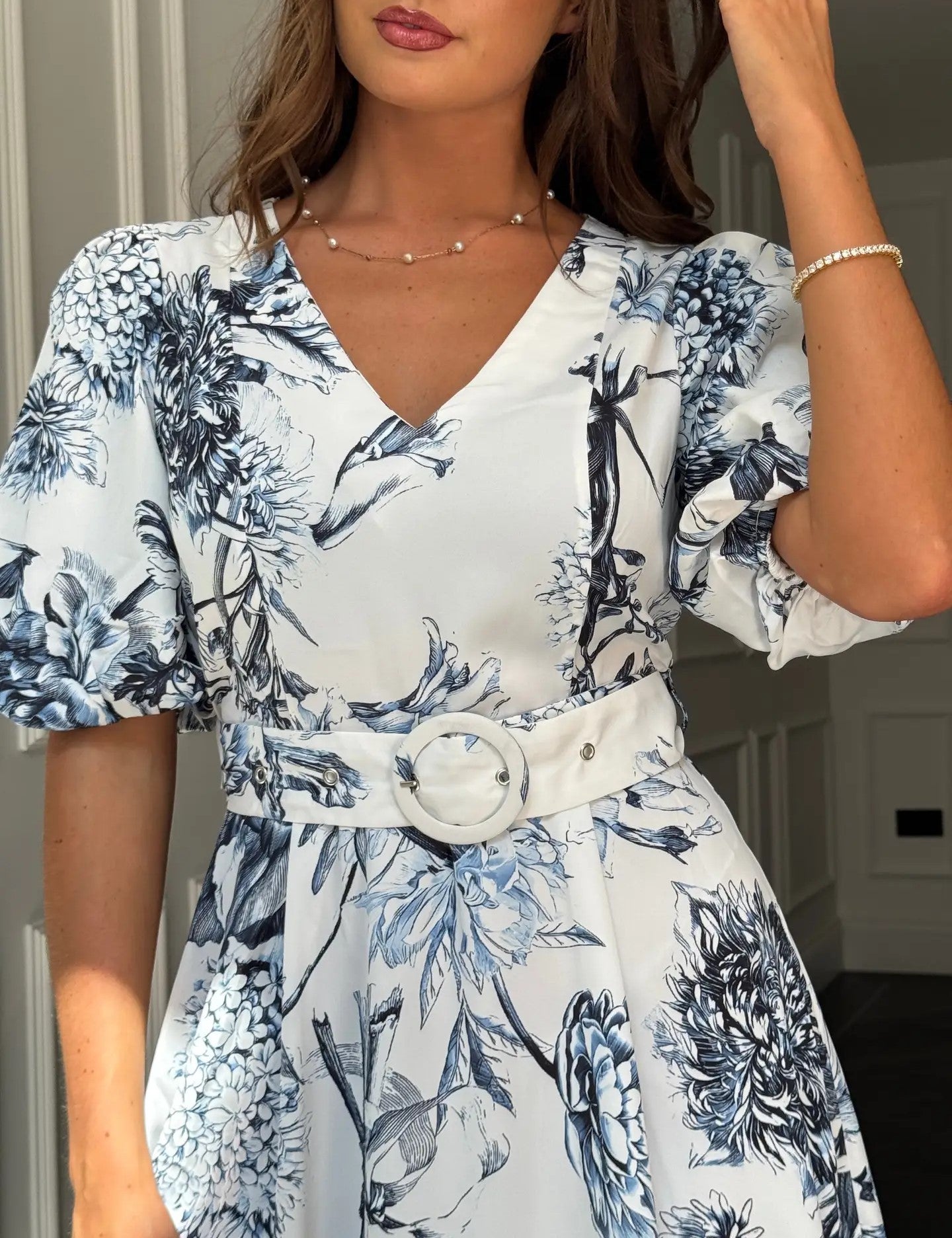 Floral V Neck Puff Sleeve Belted Midi Dress