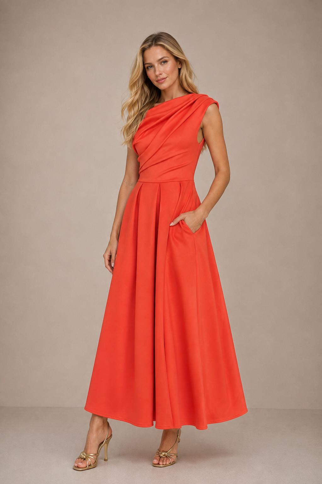 Coral Asymmetric Neckline Skater Midi Dress