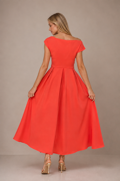 Coral Asymmetric Neckline Skater Midi Dress