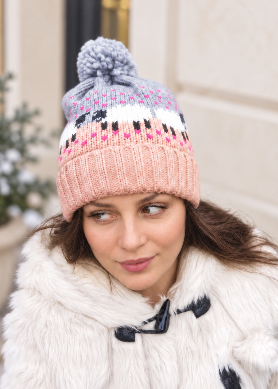 Ladies’ Blush Pink Sheep Print Knitted Bobble Hat