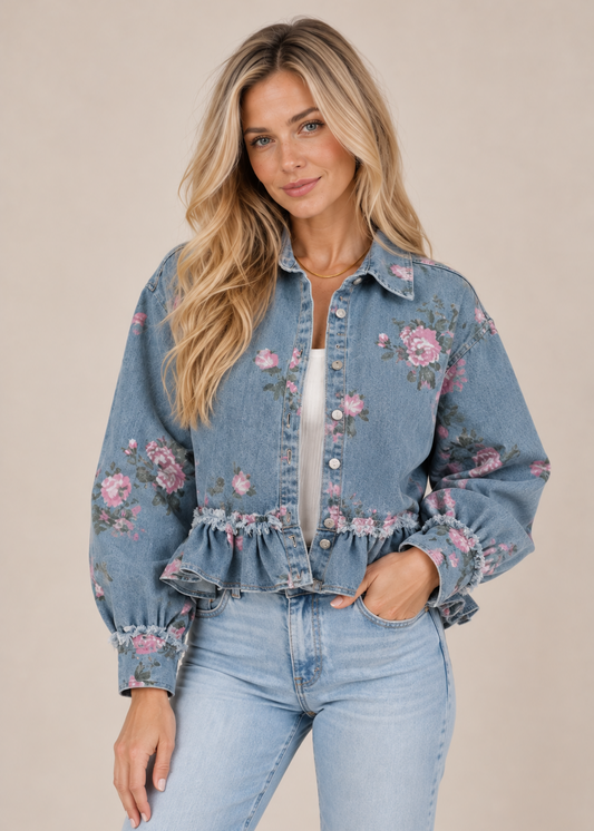 Floral Print Light and Thin Denim Jacket with Ruffle Hem