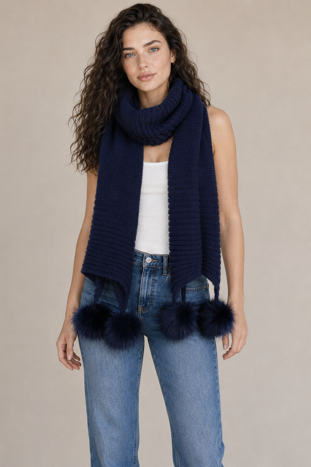 Knitted Faux Fur Pom Pom Scarf