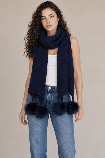 Knitted Faux Fur Pom Pom Scarf