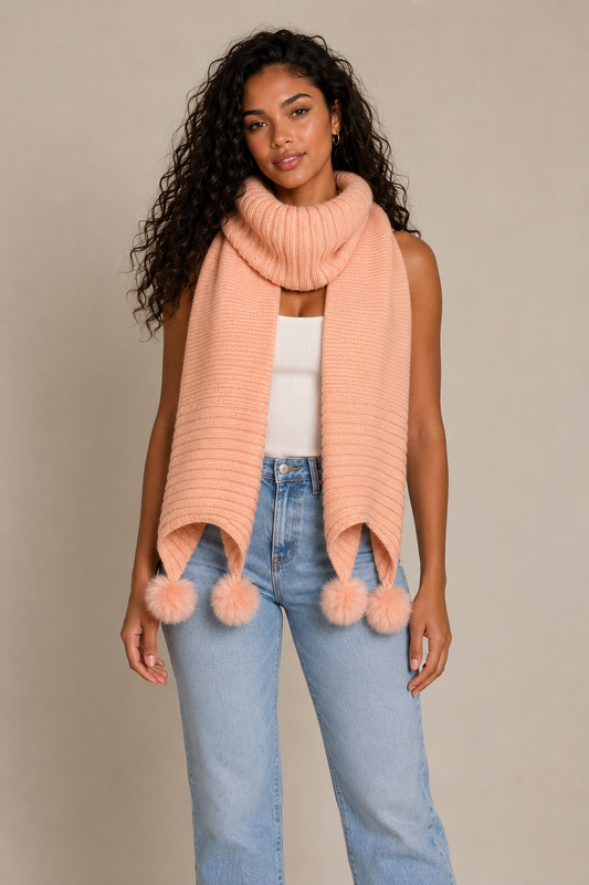 Knitted Faux Fur Pom Pom Scarf