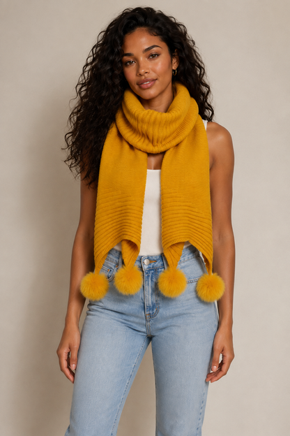 Knitted Faux Fur Pom Pom Scarf in Mustard