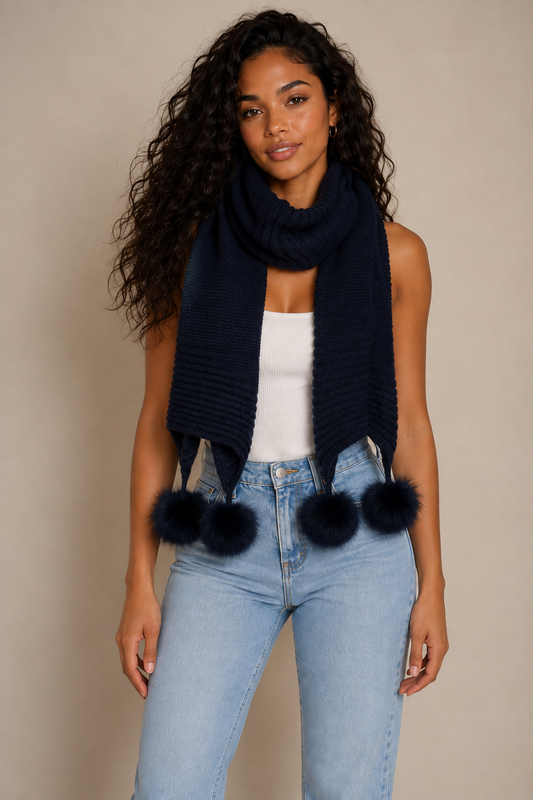 Knitted Faux Fur Pom Pom Scarf in Navy