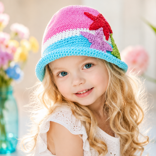 Hand Knit  Girls Crocheted Sunhat Star Fish 2-6 Years