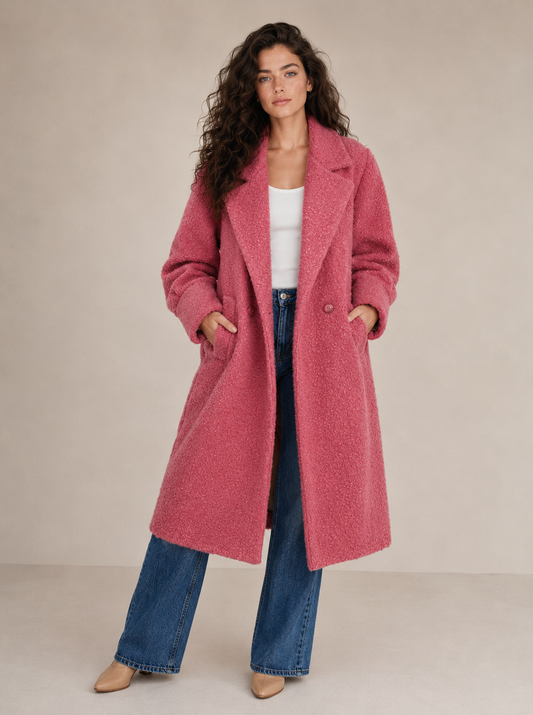 Salmon pink boucle longline Teddy oversized coat