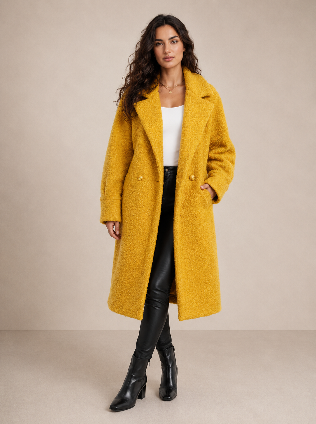 Mustard boucle longline Teddy oversized coat