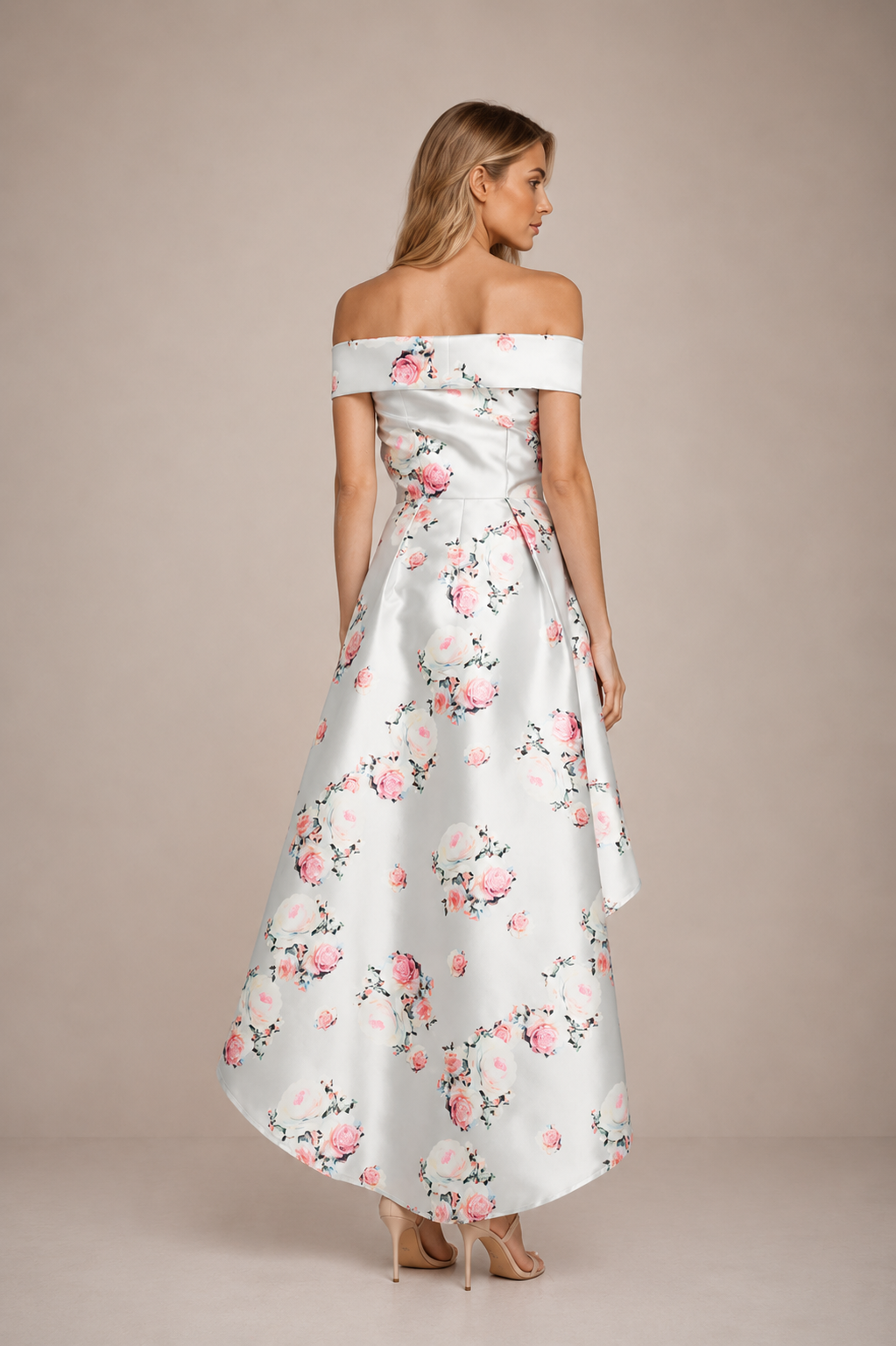 Digital Floral Bardot Dip Hem Maxi Dress