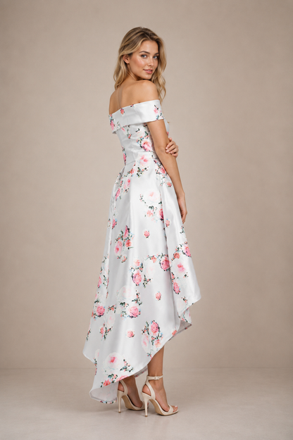 Digital Floral Bardot Dip Hem Maxi Dress