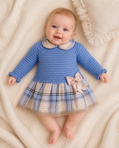 Luxury Knitted Baby Girl Dress – Traditional Romany & Spanish Style with Blue Tartan Collar