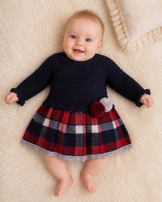 Luxury Knitted Baby Girl Dress – Traditional Romany & Spanish Style with Checked Skirt