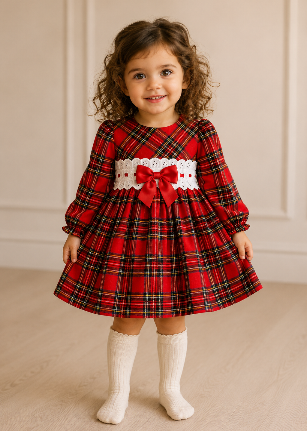 Traditional Red Tartan Broderie Anglaise Baby Girl Dress – Spanish Style