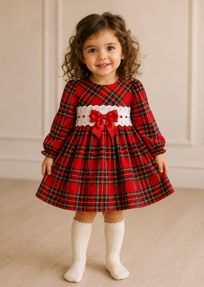 Traditional Red Tartan Broderie Anglaise Baby Girl Dress – Spanish Style