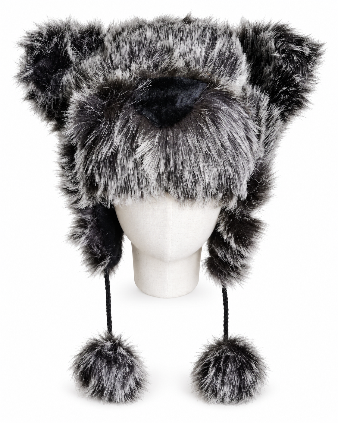 Faux Fur Wolf Earflap Hat with Pom-Poms