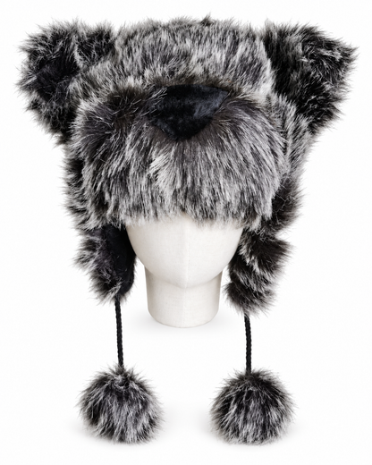 Faux Fur Wolf Earflap Hat with Pom-Poms