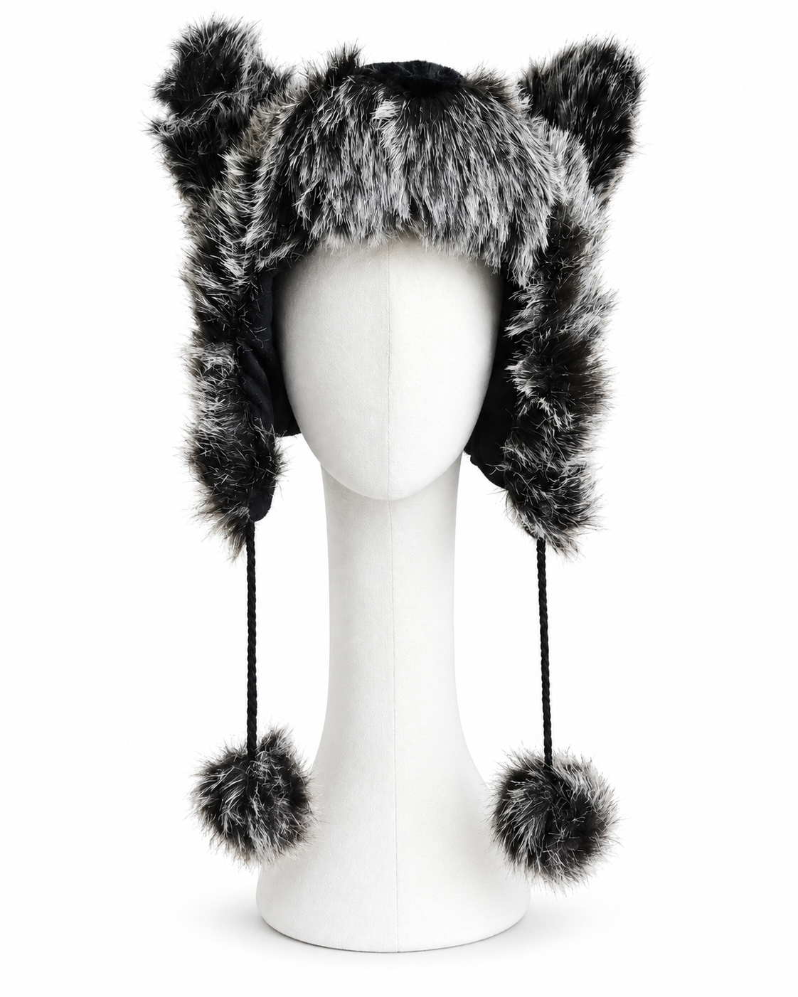 Faux Fur Wolf Earflap Hat with Pom-Poms