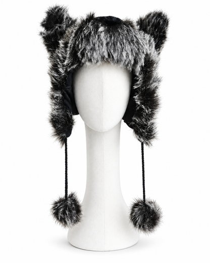 Faux Fur Wolf Earflap Hat with Pom-Poms