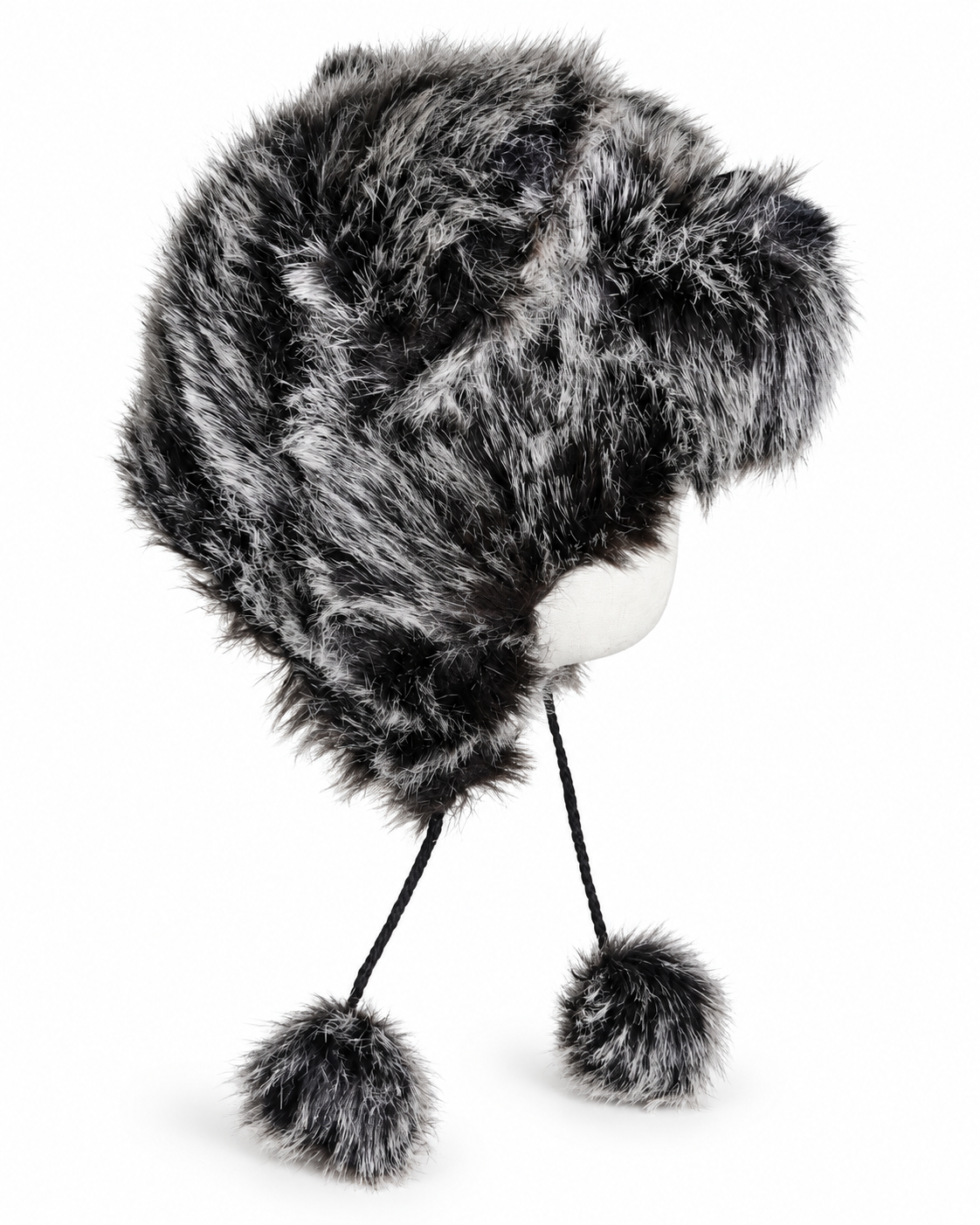 Faux Fur Wolf Earflap Hat with Pom-Poms