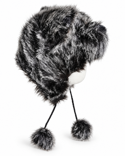 Faux Fur Wolf Earflap Hat with Pom-Poms