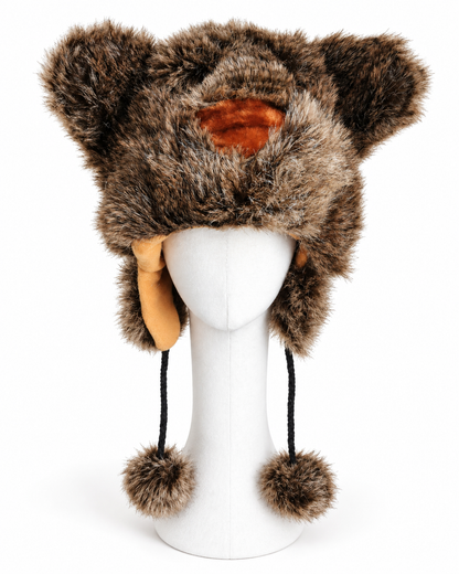 Furry Wolf Bear Hat With Pom-Poms Ties